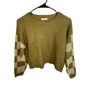 Blu Pepper Green Cropped Crewneck Sweater With Checkered Sleeves